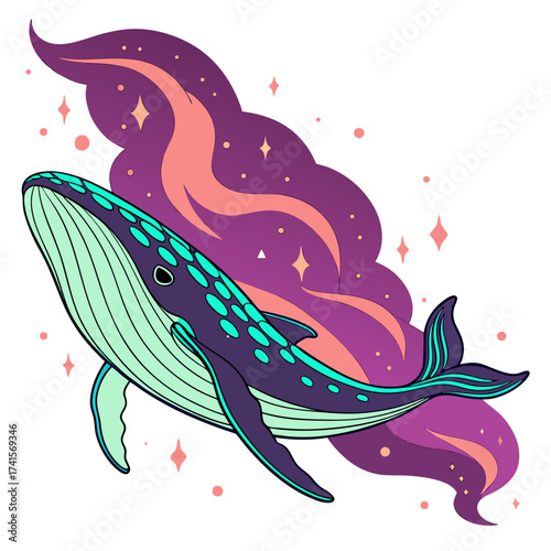 A whale swimming in space with stars and a nebula