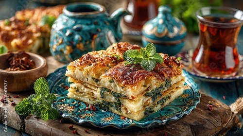 Traditional Turkish Food Börek crispy layers with cheese filling served on a colorful ceramic plate surrounded by fresh herbs and tea