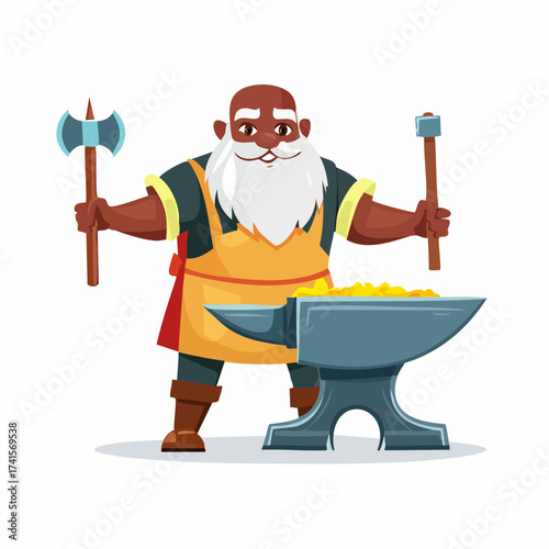 Dwarf blacksmith with anvil and hammer with transparent background