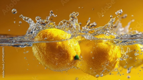 Minimalist studio photo of Yuzu splashing water frozen motion crystal-clear droplets vibrant yellow citrus modern advertising design