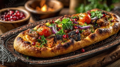 Wallpaper Mural Traditional Turkish Food Pide oven-fresh with colorful vegetable toppings served on a ceramic plate cozy ambiance perfect for food photos Torontodigital.ca