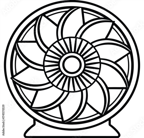 Black and white line art illustration of a dynamic tabletop fan providing refreshing air circulation and comfort, ideal for creating a calm and cool environment