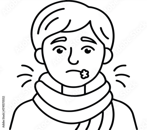 Line art illustration of a person with a cold sore on their lip, wrapped in a scarf, looking unwell
