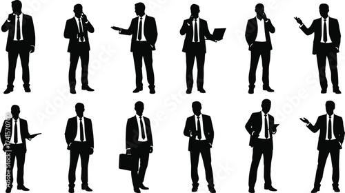 Businessman silhouette collection, corporate people in formal suits, business poses with phone and laptop, office professional vector illustration for leadership design