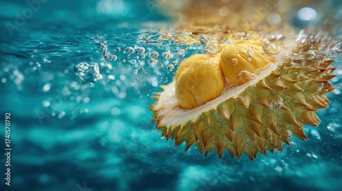 Golden-yellow fleshy durian submerging into turquoise water close-up detail natures beauty