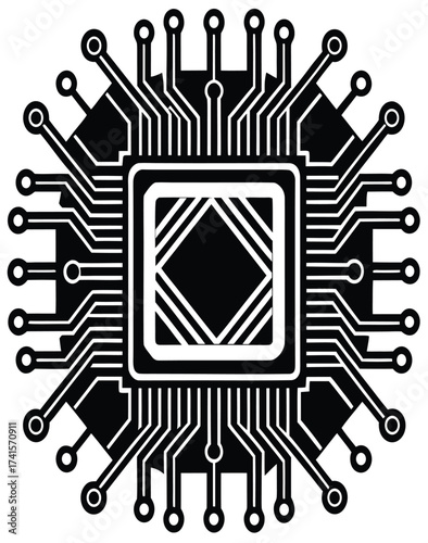 Stylized vector illustration of a central processing unit, representing a core node for digital data transfer and network communication