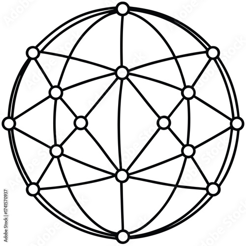 Monochrome line art of a wireframe globe depicting a decentralized network, a conceptual icon for blockchain, data science, and worldwide connectivity