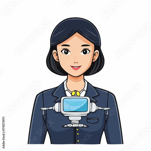 Female security officer with futuristic device with transparent background