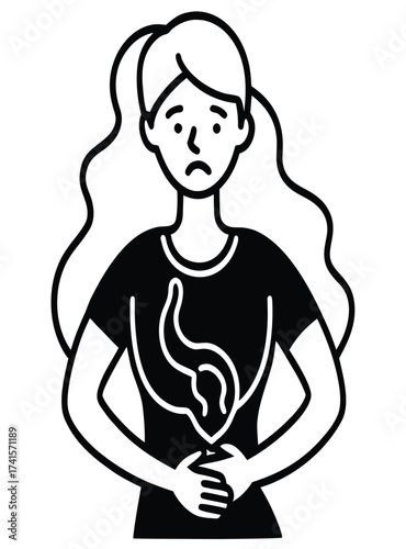 Woman Suffering from Abdominal Pain A Monochromatic Illustration Depicting Digestive Discomfort and Health Issues