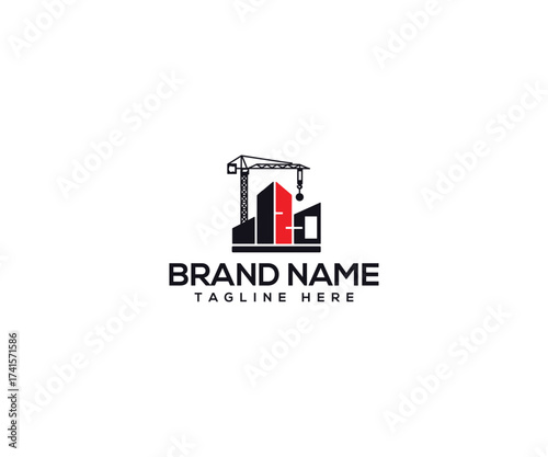 Construction Site Emblem: A striking graphic depicting a construction site in progress, with a towering crane, newly erected buildings, and a focus on the brand's message.