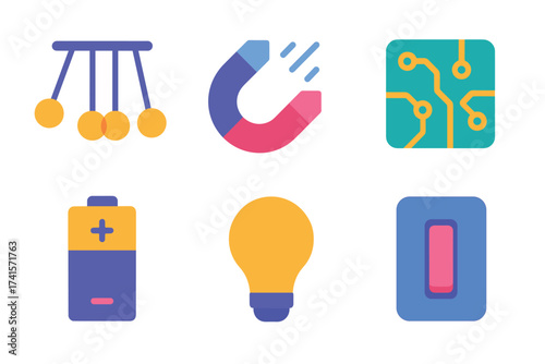 Colorful science icons: magnet, circuit, battery, light bulb, switch, pendulum
