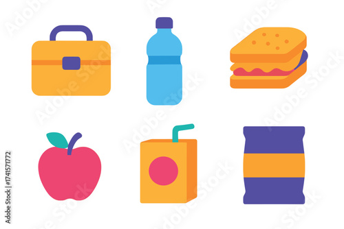 Colorful packed lunch icons: sandwich, water bottle, apple, juice box, chips