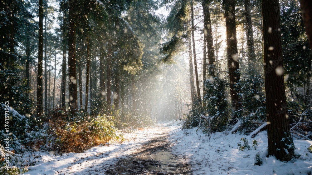 Obraz premium A snowy forest path with trees and snow. The snow is falling and the sun is shining through the trees