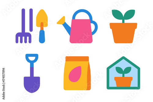 Colorful gardening tools and plant icons for horticulture enthusiasts