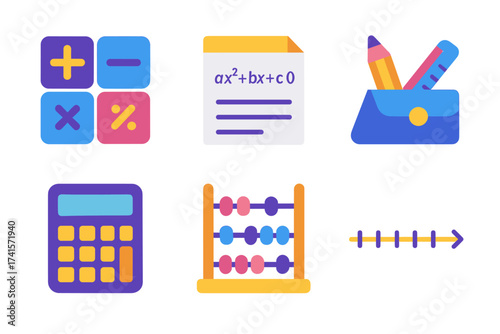 Mathematics tools and symbols: calculator, abacus, equation, pencil case