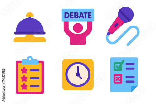 Colorful debate symbols: icon set for debate and communication concepts