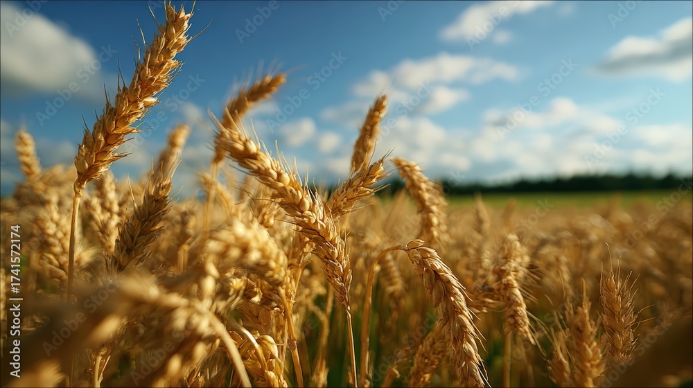 Fototapeta premium Golden wheat field under blue sky with fluffy clouds in natural agriculture setting