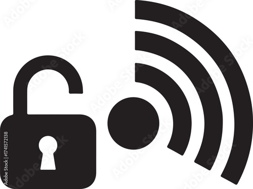Open lock and wi-fi symbol together representing secure wireless network access