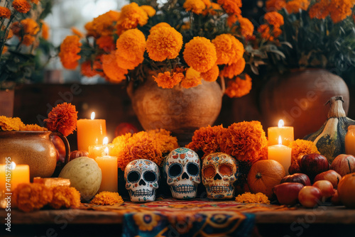 Day of the Dead Altar with Marigold Flowers, Candles, and Skulls, Traditional Mexican Día de los Muertos Ofrenda

