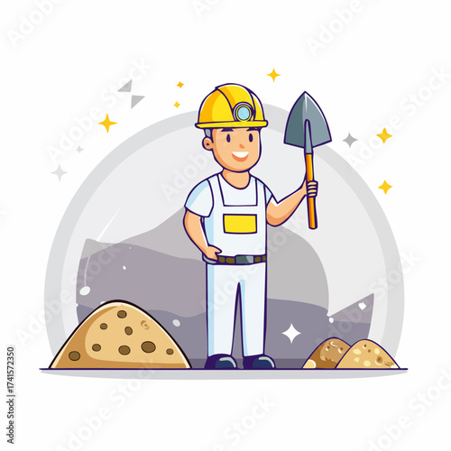 Miner with pickaxe standing near rock pile