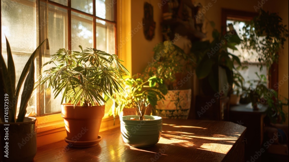 Fototapeta premium A potted plant sits on a windowsill, with a bowl of soil next to it. The sunlight is shining on the plant, making it look healthy and vibrant. Concept of warmth and comfort, as the plant