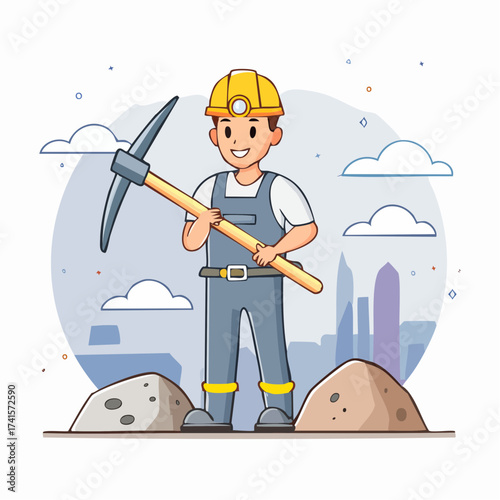 Miner with pickaxe standing near rocks and city background