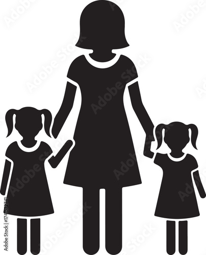 Family silhouette of mother holding hands with two young daughters standing together