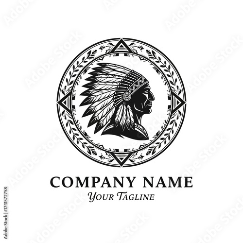 Native American chief head in headdress logo design in circle frame.