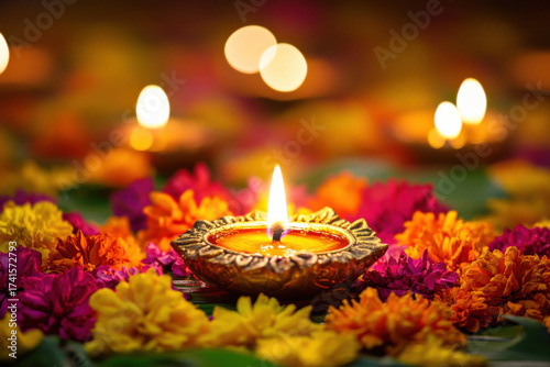Diwali Diya Lamps with Marigold Flowers on Colorful Petals, Traditional Indian Festival of Lights Celebration


