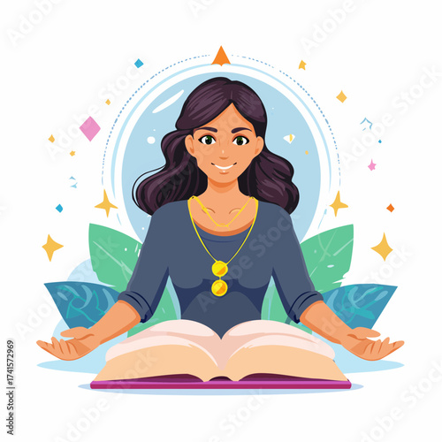 Woman reading book with peaceful expression