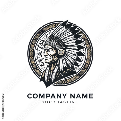 Native American chief head with headdress logo design.