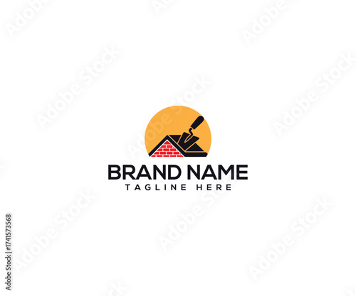 Crafting Construction Identity: A stylized logo representing the essence of construction, featuring a brick structure beneath an orange sun with a trowel resting above it and with brand name.