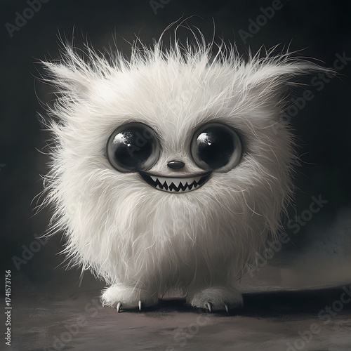 Fluffy Creature with Large Eyes Smiling in Mischievous Grin