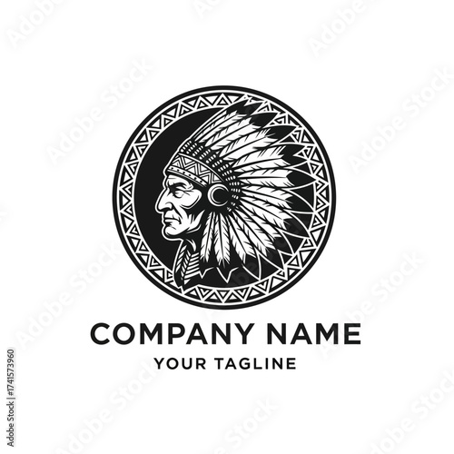 Monochrome logo of a Native American chief in profile within a decorative circle.