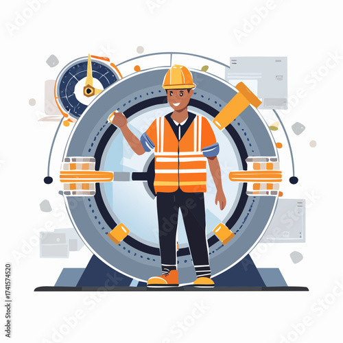 Construction worker with tunnel boring machine