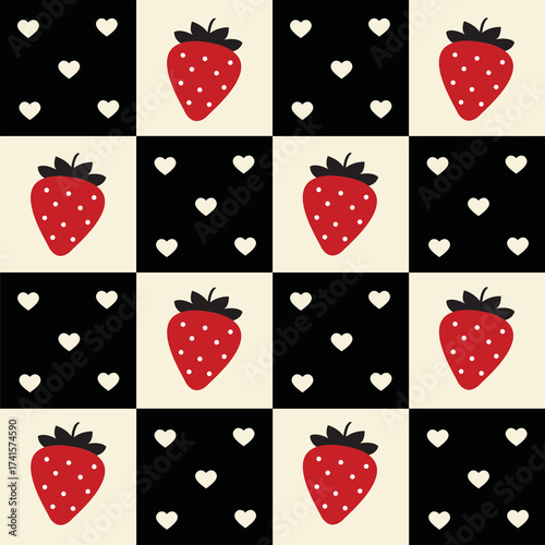 Strawberry and Hearts Checkerboard Pattern