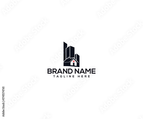Urban Silhouette: A stylized architectural logo presents a modern city skyline, with buildings standing tall and a house integrated, conveying growth and stability.
