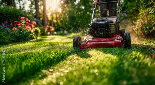Sunny summer afternoon spent mowing a lush green lawn in a vibrant garden filled with colorful flowers