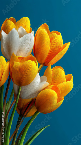 Vibrant yellow and white tulips bloom against a striking blue backdrop in a cheerful floral arrangement