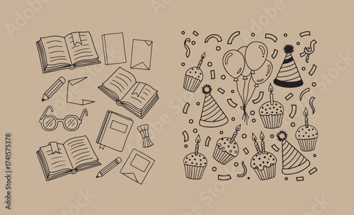 Hand drawn doodle collection of books and party items