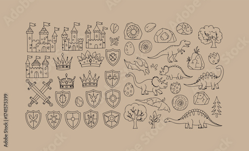 Collection of hand drawn medieval symbols and creatures on kraft paper background