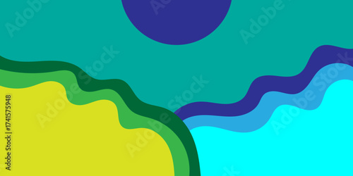 Colorful abstract background illustration featuring organic, layered wavy shapes in a vibrant palette, evoking a serene stylized landscape