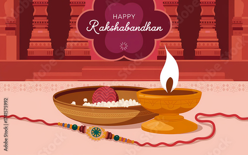 Happy Rakshabandhan poster template, Indian festival, abstract background with lighting diyas, graphic design illustration wallpaper