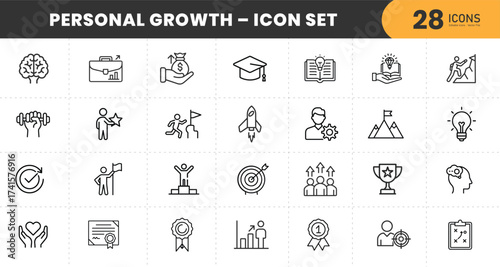  Personal Growth Thin Line Icon Set – Success, Motivation, Achievement, Leadership, Education, Business, Goal, Career, Mindset, Innovation, Productivity, Development with transparent Background.