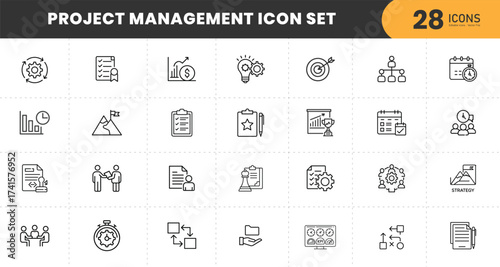 Project Management Thin Line Icon Set – Planning, Teamwork, Strategy, Goals, Leadership, Productivity, Workflow, Task Management, Organization, Business, Success with transparent Background.