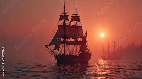 Brig sailing ship silhouetted against a glowing sunrise over a tranquil seascape misty atmosphere warm tones romantic setting