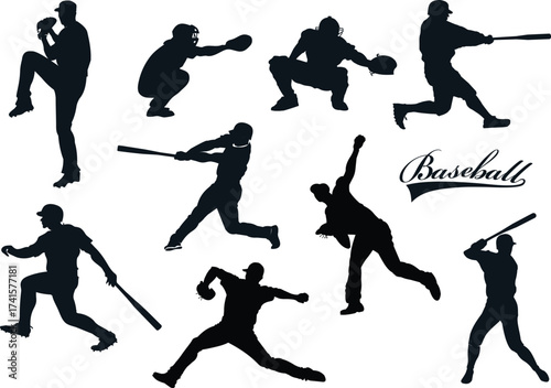 Baseball Game. Baseball players in silhouettes on white background