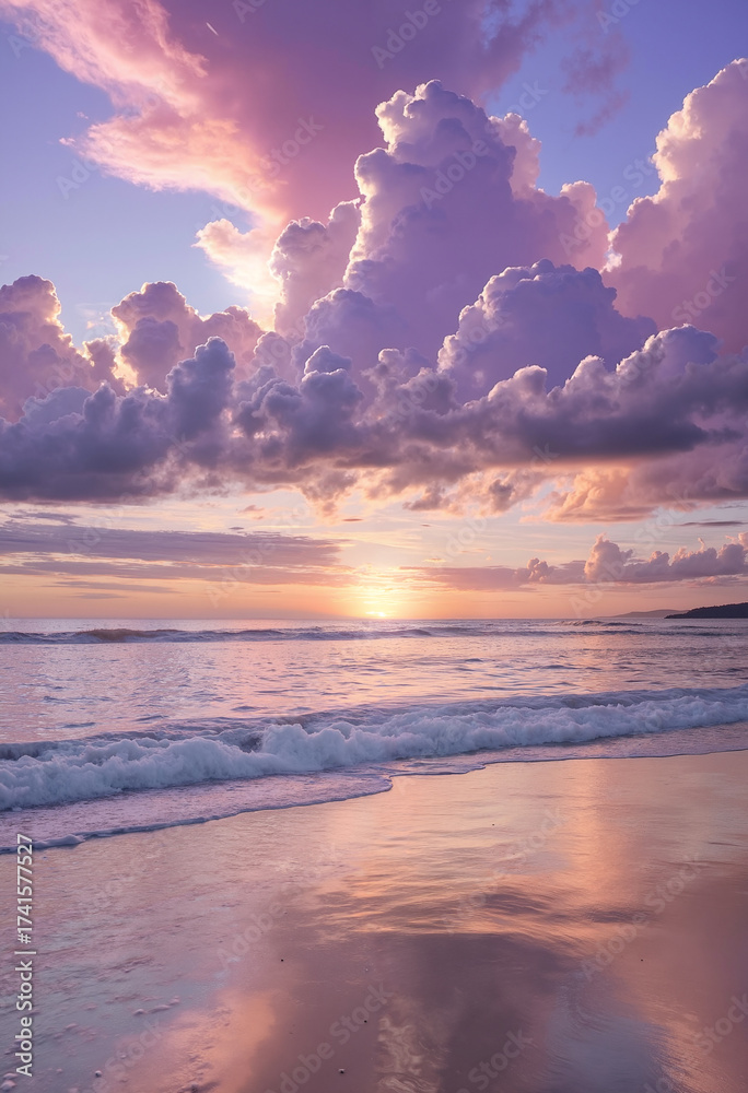 Fototapeta premium beautiful sunset over the sea with epic purple cumulus cloudy sky
