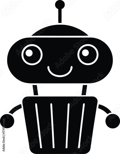 Black and white cartoon illustration of a cute robotic android character, a symbol of future technology