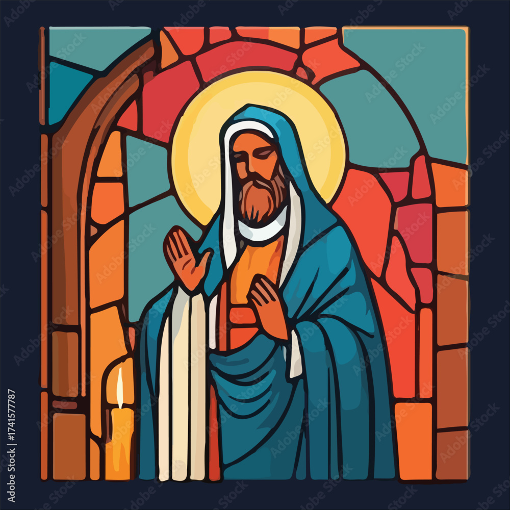 Fototapeta premium Stained glass depiction of a bearded man with halo vector